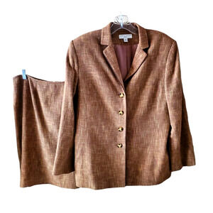 Vintage Lord & Taylor Petites Lightweight Wool Blend Tweed Brown Skirt Suit 14P